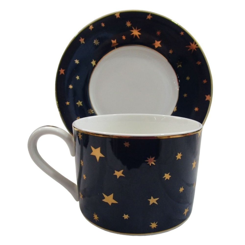 Vintage Sakura Galaxy Blue White Gold Stars Flat Cup and Saucer Retired EUC